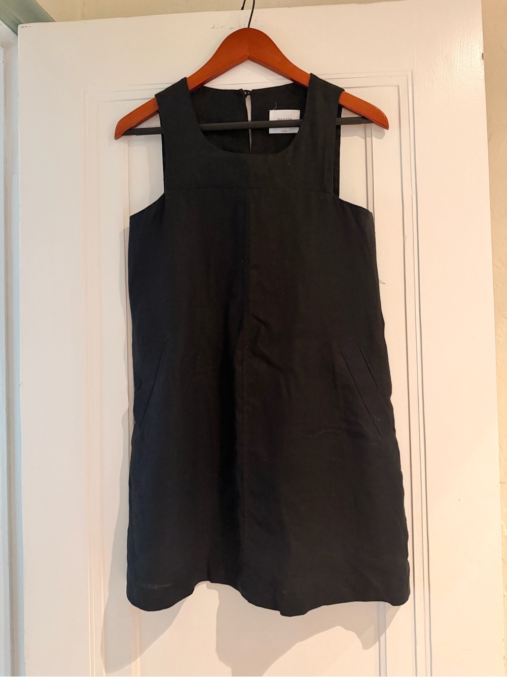 Black Sleeveless Linen Mini Dress with Square Neck - Women's